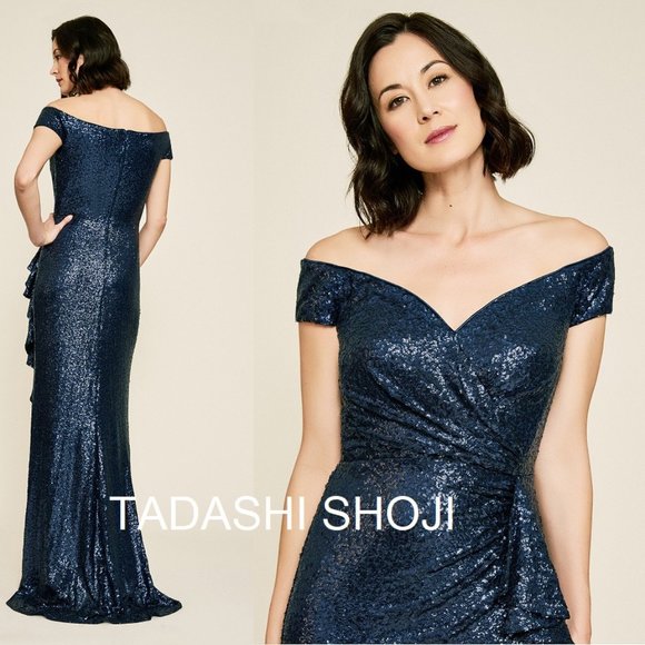 NWT TADASHI SHOJI SEQUIN OFF THE-SHOULDER GOWN NAVY PARTY FORMAL METALLIC   XS - Picture 1 of 14